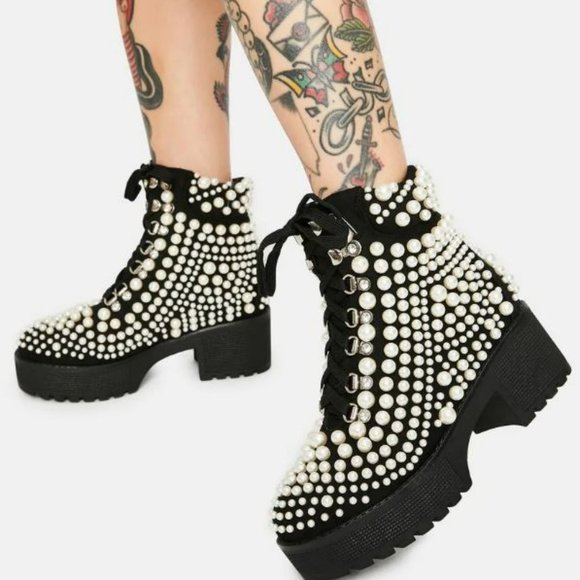 AZELEA WANG Cavalier Pearl Bubble Ankle Boots Goth Black Size 7 NEW - Picture 1 of 16
